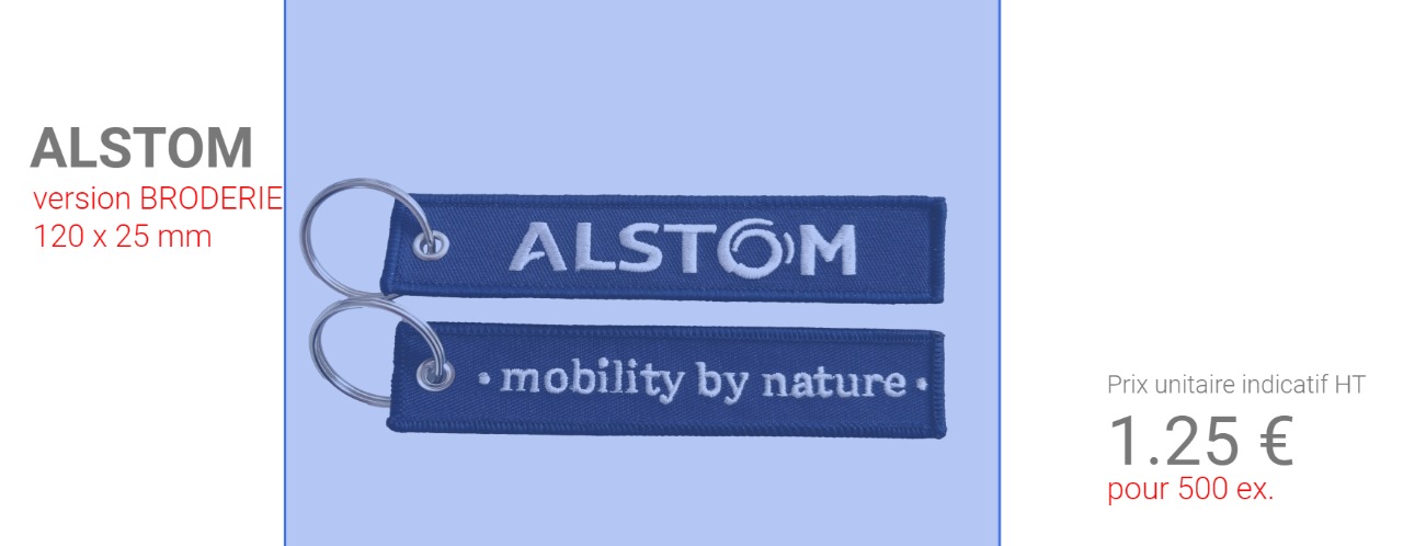 Porte-clé ALSTOM personnalisé avec logo bleu en broderie